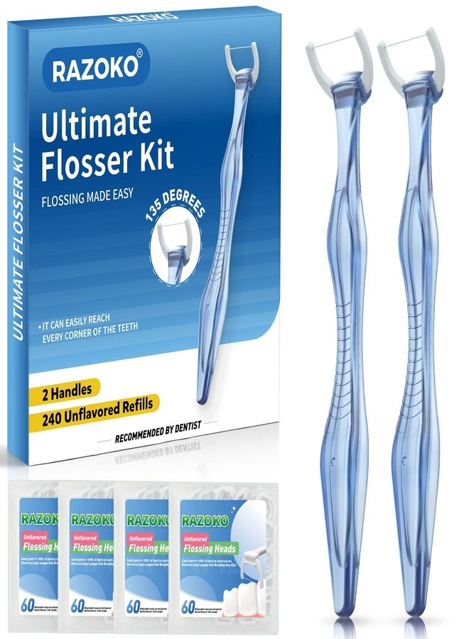 RAZOKO Dental Flosser Kit, Extra Strong Shred-Resistant Floss, 135 Degrees for Hard-to-Reach Areas, PTFE & PFAS Free, 2 Handles + 240 Refill Heads - Image 1